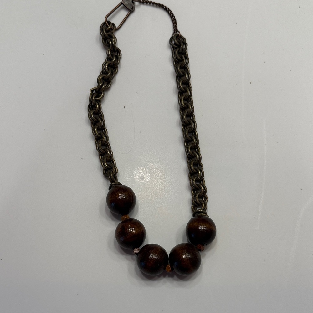 Brown Wood Beaded Chain Necklace